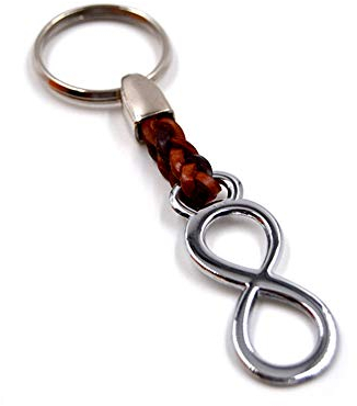 Schlüsselanhänger Schlüsselring Infinity Unendlich schön gearbeitet an Lederband, 8 cm Plus Ring 2,5cm