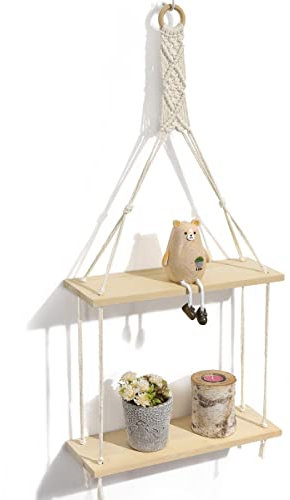 Afuly Wall Hanging Shelf With Rope Macrame Oak and White Wooden Floating Shelves for Living Room Bedroom Boho Decor Plant Display, 2 Tier