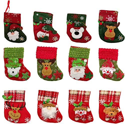 12 Mini Medias de Navidad Mini Calcetines Navidad Bolsa de Calcetín de Navidad Mini Medias Calcetines Navideños Bolsa Santa Claus Oso Muñeco de Nieve Alce para Llenar Decoracíon Chimenea Arbol Navidad