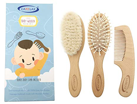 Baby Hair Brush & Comb Set, Organic Wooden Hairbrush Natural Goat Bristles 3-Piece for Newborns & Toddlers, Ideal for Cradle Cap & Itching, Perfect Shower and Registry Gift for Infant, Toddler, Kids