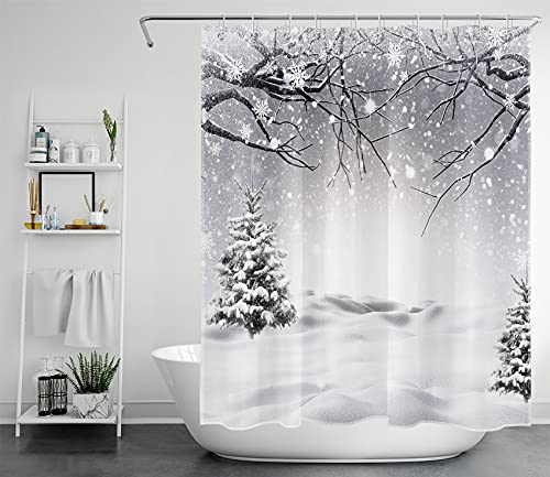 LB Winterlandschaft Duschvorhang 150x180cm Kiefern auf weißem Schnee Antischimmel Wasserdicht Badezimmer Vorhänge, Silberner Himmel Kurz Polyester Stoff Bad Vorhang mit Haken