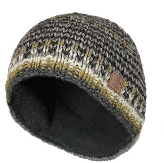 Herren Wollmütze Totenkopfmütze Fleece gefüttert Handgestrickt Anthrazit Raue Streifen Einheitsgröße Handmade Skull Cap Extra Warm Pachamama Fair Trade, Anthrazit, Grau, Off-White, L/Einheitsgröße