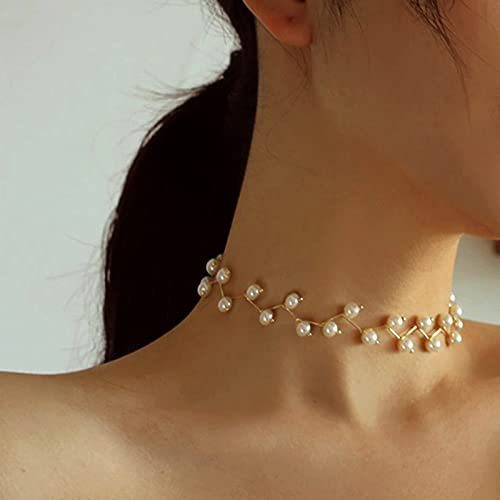 Aneneiceera Boho Pearl Choker Necklace Gold Beaded Choker Necklace Jewelry Minimalist Short Chain Collarbone Necklace Jewelry for Women and Girls