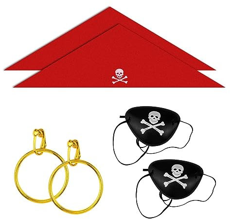 Jagowa 6 x Piraten-Ohrringe, Kapitän-Kostümzubehör, Kopfbandana, Augenklappen, Gold, Kostüm-Partyzubehör