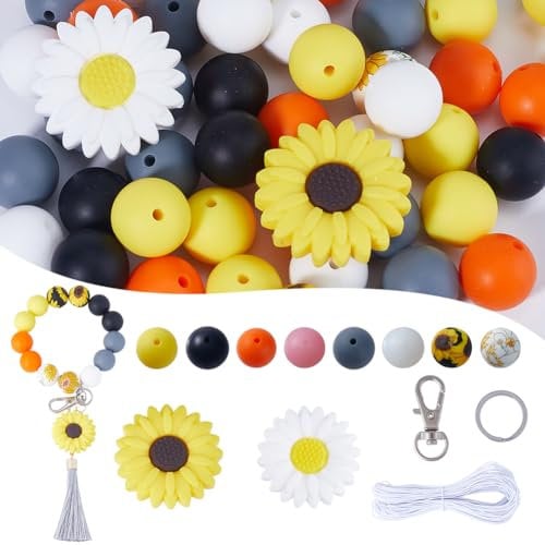 SUNNYCLUE 100Pcs Thanksgiving Silicone Beads Keychain Making Kit Flower Silicone Focal Beads Sunflower Printed Round 15mm Soft Rubber Key Ring Lobster Clasps for Keychain Lanyards