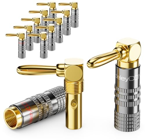 deleyCON 12 Stück Bananenstecker Set 90° Gewinkelt - Vergoldet Schraubbar für Lautsprecherkabel Boxenkabel 0,75 mm - 4,5 mm & z. B. HiFi Heimkino Receiver