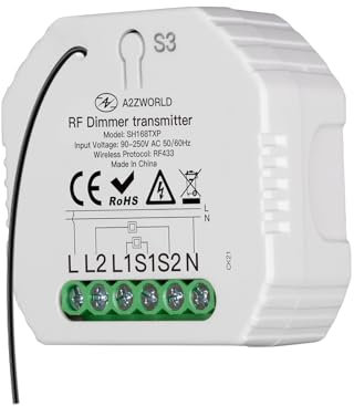 A2ZWORLD Interruttore e Dimmer a Radio Frequenza RF433 Senza Fili, Con PUSH e RF, Compatibile Con Tutti Pulsanti Normalmente Aperti (Trasmettitore SH168TXP)