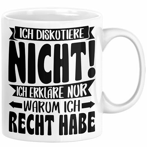 Trendation Lustige Tasse Besserwisser Mit Spruch Ich Diskutiere Nicht Ich Erkläre Nur Warum Ich Recht Habe Kaffee-Becher Sprüche Geschenkidee Kollege (Weiß, 325 Milliliter)