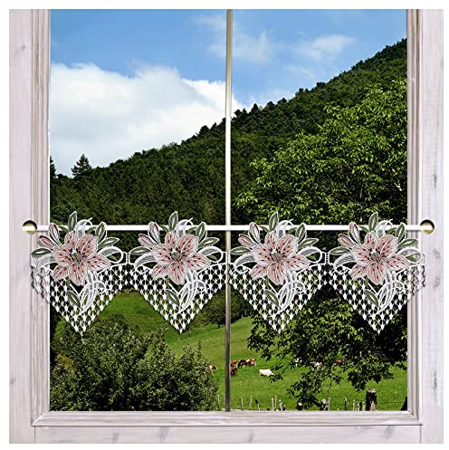 Feenhaus-Spitzengardine Leila mit Lilien in rosa Scheibengardine aus Plauener Spitze modern 23 x 72 cm