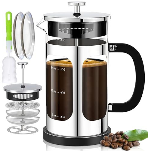 YMMIND French Press Kaffeebereiter (1,5 l 5–6 Tassen) Kaffeepresse, mit 4 Filtersystem, hitzebeständiges dickes Borosilikatglas, kaltgebrühter Kaffee, Teekanne, Geschenke (silberfarben)