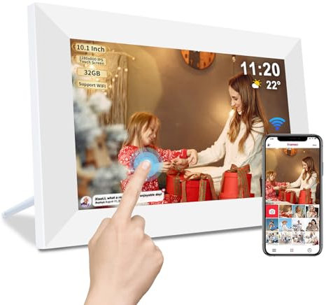 Frameo Cadre photo numérique WiFi de 10,1 pouces avec fente pour carte SD de 32 Go de stockage, écran tactile IPS, rotation automatique de diapositives, partage de vidéos