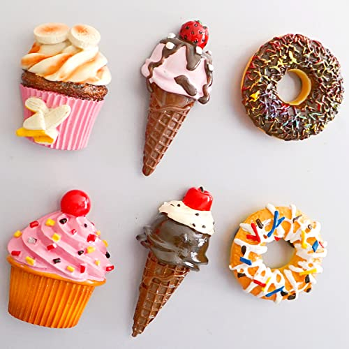 6 Pack Cute 3D Food Refrigerator Magnets – Assorted Dessert Shapes with 2 Ice Creams, 2 Muffins & 2 Chocolate Donuts | Funny Kitchen Decor for Home, Office & Refrigerator Decoration