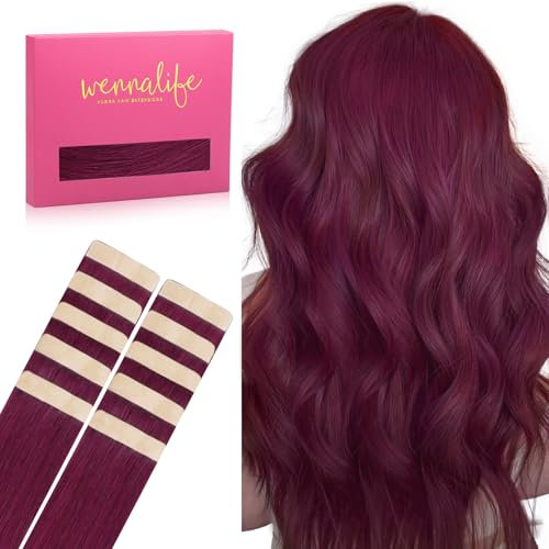 WENNALIFE Tape Extensions Echthaar, 30cm 20g 10 Stück Invisible Tape in Extensions Echthaar, Echthaar Extensions Tape, Haarverlängerung Echthaar, Remy Gerade Haarextension Echthaar #530 Helles Burgund