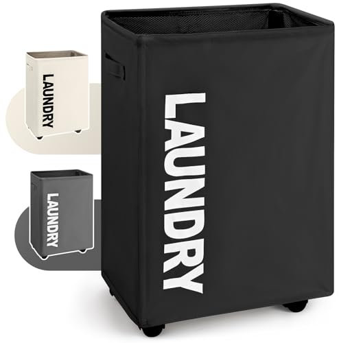 Virklyee Faltbarer Wäschekorb mit Rädern 63L Oxford-Stoff Wäschesammler Wäschetonne mit Griffen Groß Wasserdichter Wäschebehälter Aufbewahrungskorb, von Schmutziger Kleidung, Spielzeug(Schwarz)