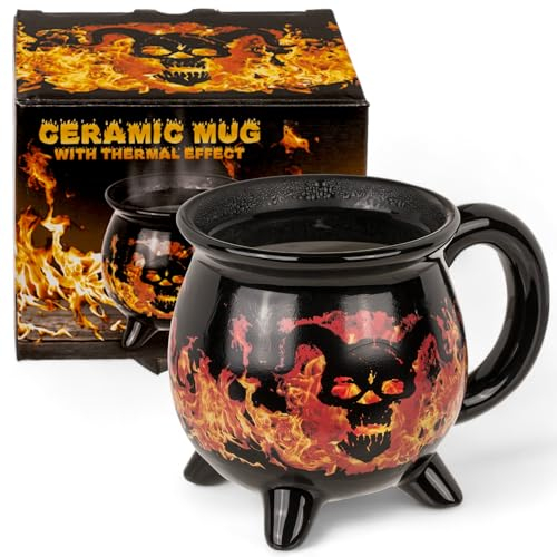 MIJOMA Kaffeetasse Teetasse Kesseltasse Kesselbecher Hexenkesselbecher Hexenkessel Becher Fassungsvermögen 400ml, schwarz (Dämonisches Feuer mit Flammen-Thermoeffekt)