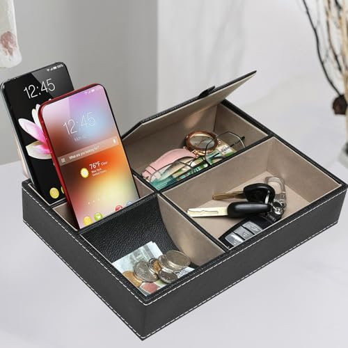 YBCCBY Organizador de Cuero Con 5 Compartimentos - Bandeja Recibidor de Cuero Sintético PU Negra Para Escritorio - Para Llaves, Relojes, Móviles, Gafas y Joyas