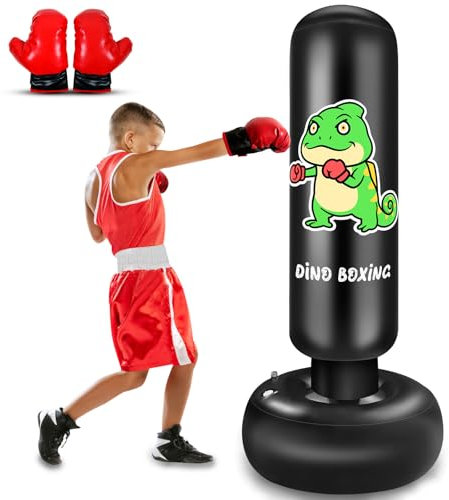 Sac de Frappe Enfant, 165cm Punching Ball Enfants, Sac de Boxe Gonflable avec Gants de Boxe, Cadeau pour Garçons et Filles de 3 à 12 Ans pour Karaté, Taekwondo, MMA (Dino)