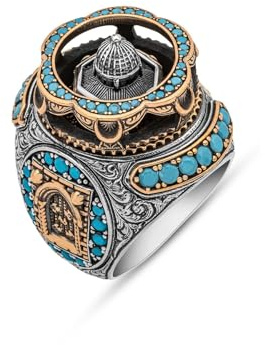 TAKILINGO Massiver 925er Sterlingsilber-Ring Mit Al-Aqsa-Moschee-Motiv und islamischem Türkisstein, Muslimischer Religiöser Ring, Geschenk für Papa (63)