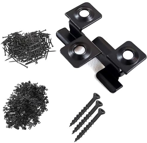 ERMWALR 100pcs 8mm Fastener Plate Clips Composite Decorative Panel Concealed Fixed Fastener Metal Clips with 300 Stainless Steel Screws, Used for Wooden Flooring Fixing (Black)