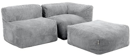 Icon Zen Modular Sofa für Erwachsene, Grau, Flauschiger Cordstoff, 2 Sitzer Ecksofa, Bequemer Bean Bag Sofa mit Schaumstoff Füllung, Relaxsessel, Lounge, Wohnzimmer Möbel