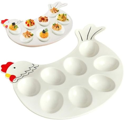 KKwercv Ceramic Deviled Egg Platter Holder for Easter,Hen Modelling 8-Cup Egg Dish, Easter Egg Tray,Egg Serving Tray Deviled Egg Plate for Kitchen Refrigerator Countertop Display