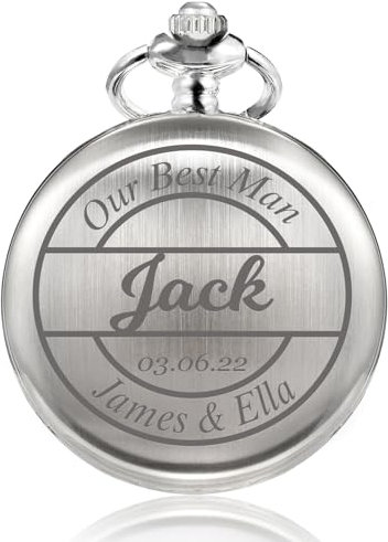 TREEWETO Reloj de bolsillo grabado personalizado con cadena de grabado para hombre, regalo para mejor hombre, relojes de bolsillo de cuarzo, regalos para novios para boda, plata