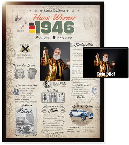 myDreamwork® 1946 – Personalisiertes Geschenk zum 80. Geburtstag – DIN A4 Karte mit Foto & Namen – Geschenkidee für Männer & Frauen – Deko & Erinnerung für 80 Jahre
