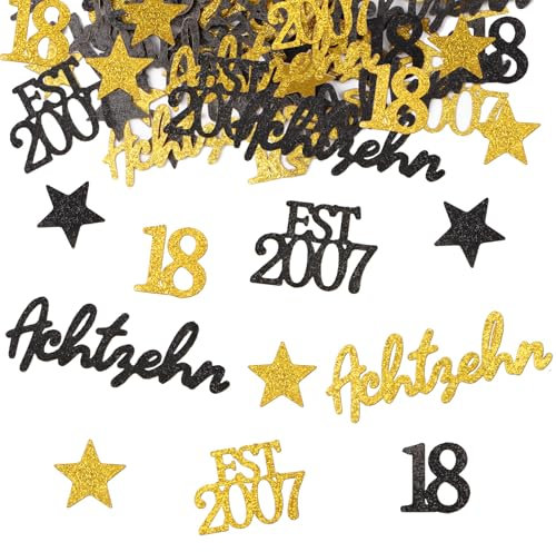 MEJOSER 150 Stück Deko 18. Geburtstag Junge Tischdeko 18 Geburtstag Glitzer Konfetti Streudeko Schwarz Gold für Jungs Mädchen 2007 Deko Geburtstagsdeko 18 Jahre Tisch