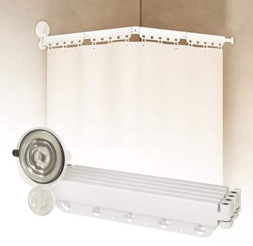 Barra de cortina de ducha retráctil montada en la pared, sin taladro, plegable, ángulo ajustable, ahorro de espacio, ideal para bañera, caravana, esquina, cortina de ducha con cortina blanca rota de