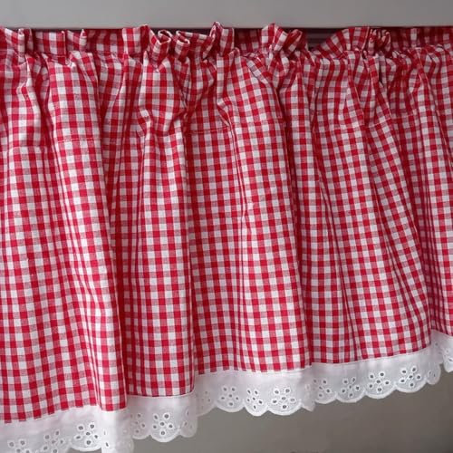 A.Monamour Rideau de Cuisine Court pour Petit Fenêtre Coton Farmhouse Rustique Blanc Rouge Carreaux Vichy Blanc Dentelle Rideau Brise-bise à Disques Panneaux Cantonnières Bistro Café Passe-Tringle