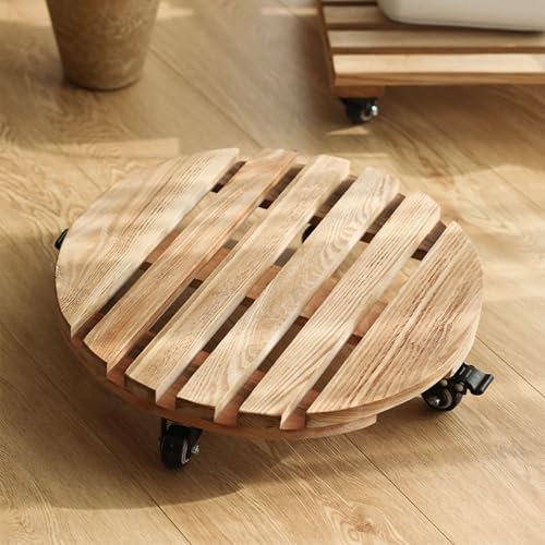 Pflanzenroller aus Eschenholz mit feststellbaren Rollen,rollbarer Blumenroller 66 kg Tragkraft,25/35/40 cm,Blumentopf Untersetzer für Sonnenschirmständer,Mülleimer,Regentonne,Pflanzentopf(Wood,40cm)
