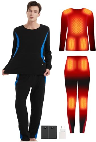 Conjunto de ropa interior térmica térmica para hombres y mujeres, capa base | Paquete de 2 baterías de 7.4 V, 2 cargadores de 10 W, calefacción multizona, ropa interior térmica elástica para clima frío
