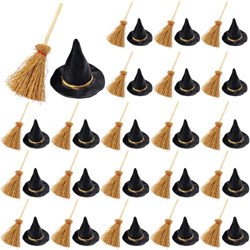 GXXMEI Mini-Hexenhut mit Mini-Besen, Mini-Strohbesen mit rotem Seil, Kunststoff-Hexenhüte und Besen für Halloween, Party, Basteln, Hexen, Dekoration, Zubehör, 50 Stück