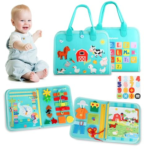 Strehknewen Busy Board Montessori 1-3 Anni, Libro di Feltro Educativo Interattivo, Pannello Sensoriale Bambini, Giochi Motricità Fine, Portatile e Sicuro, Regalo per Bambini