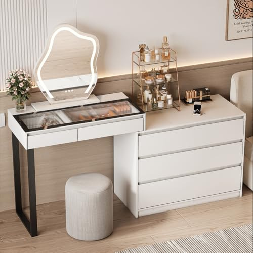 BROTTAR Coiffeuses avec Miroir LED,Coiffeuse avec Plateau en Verre,Armoire de Rangement,Organiseur de Maquillage à 5 tiroirs,Commode Moderne en Forme de L pour Chambre à Coucher
