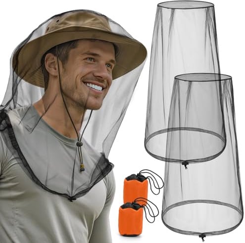 Pmxary 2 Pack Premium Mosquito Head Nets with Drawstring, Breathable Ultra Large Bug Net for Head, Mosquito Net Hat for Men and Women, Universal Fit for Hats, Essential for Outdoor Activities Black