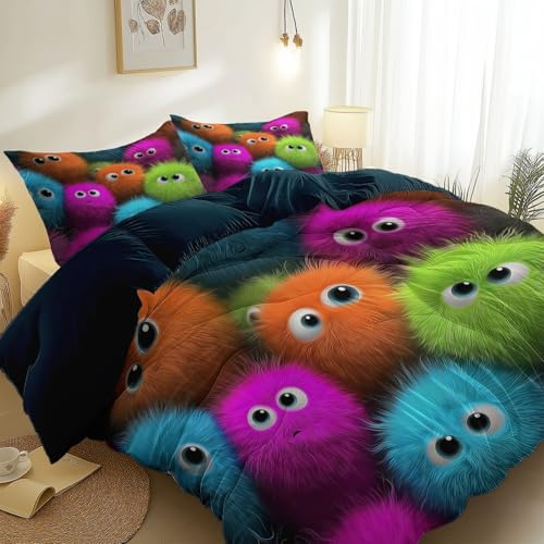 Niedlich Cartoon Monster Mit Großen Augen Bettwäsche 135 x 200 cm - Graublau 3-teiliges Weicher Mikrofaser Bettbezug-Set mit Reißverschluss für Teenager Kind