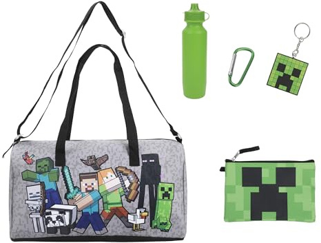 Bioworld Minecraft Monster Battle Official Licensed Merchandise 5-Piece Duffel Bag Set – Gaming Travel Gift for Kids, Teens & Boys