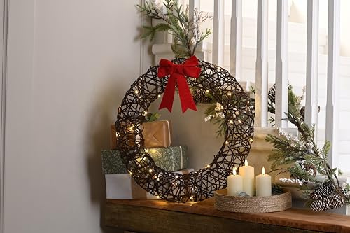 Festive Productions 50cm Battery Operated Lit Christmas Wreath with Red Bow – 40 Warm White LED Lights & Timer Function