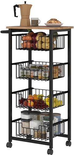 HOMCOM Chariot de Rangement à 5 Niveaux, 4 paniers extractibles, desserte à roulettes, Plateau et poignée, desserte Cuisine Multifonctionnel pour Chambre, Salon, Bureau, 49,5x31x91cm, chêne Noir