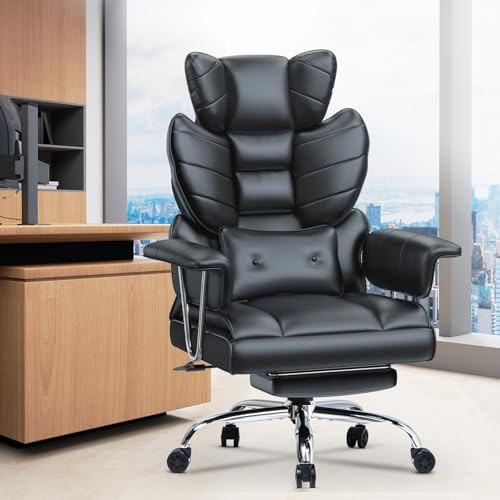 Desk Chair-Big Tall Heavy Duty Ergonomic Office Chair with Footrest/Armrests, High Back PU Leather Cross Legged Executive Computer Recliner, Comfy Adjustable Home Office Black Swivel Work Study Chair