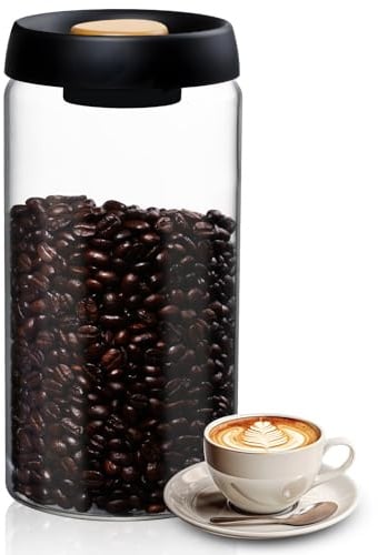 Adiwo Boîte à Café Hermétique, 1800ml Boîte à Café en Verre, Bocal à Café Sous Vide, Résistant l'Humidité et l'Oxydation, Bocaux Rangement Cuisine pour Café Grains, Noix, Céréales, Thé, Sucre