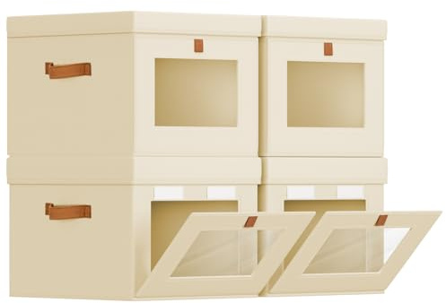 Stackable Storage Boxes with Lids & Dual-access Design for Wardrobe Beige | 26L Fabric Foldable Side Opening Organiser with Handles, Decorative Bakset for Narrow Space, Bedroom, Shelves, Dorm, 4 Pack