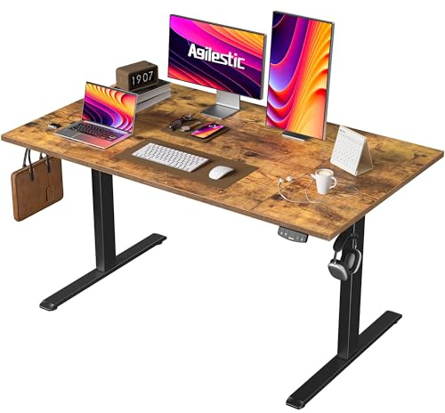Agilestic Height Adjustable Electric Desk, 2 Memory Height, 140x80cm | 80cm wider Standing Desk, 72-116cm, Sit-Stand Office Desk with 2 Hooks, Computer Desk for Home Office, 4 pcs Desktops, Brown