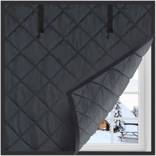 Thermovorhang Kalteschutz - Wärmeschutzvorhang Fenster für Winter Thermo Vorhang Gegen Kälte aus Oxford-Stoff und Baumwolle Fensterisolierungs-Set Schallschutz Winddicht(Black,24x55/60x140cm)