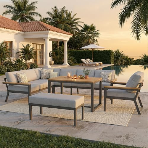 NNJN Achtpersonen L-förmiges Gartensofa-Set mit Holztisch/Wetterfeste Eckgarnitur aus Eisen/Inkl. Sessel, Bank & Holz-Arbeitsplatte/Mit grauen Polstern
