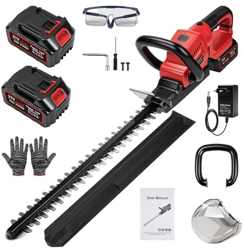 Tagliasiepi a batteria 21 V con 2 batterie da 3000 mAh e caricabatterie, lunghezza di taglio 56 cm, spaziatura denti 18 mm, lama a doppio taglio SK5, tagliasiepi elettrico 850 W per siepi e arbusti