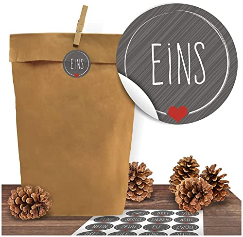 Adventino Adventskalender 24 Kraftpapiertüten mit 24 weihnachtlichen Aufklebern Schick und Grau zum Verschließen als Weihnachts-Geschenktüte zum Basteln und Befüllen