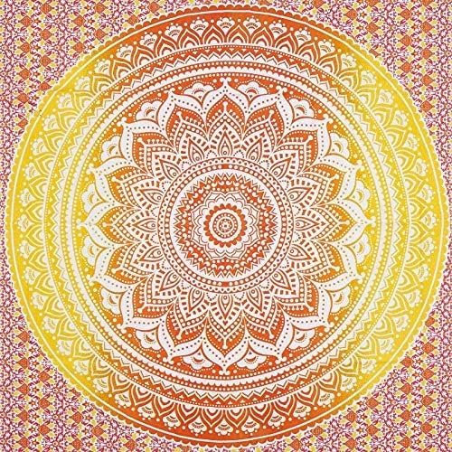 THE ART BOX Indie Wandteppich Baumwolle Mandala Wandbehang Deko Teppich Aesthetic Room Decor Dekoration Wandtuch/Strandtuch Wohnzimmer Indische Tücher Schlafzimmer, Orange und Weiß - 210x230 Cm
