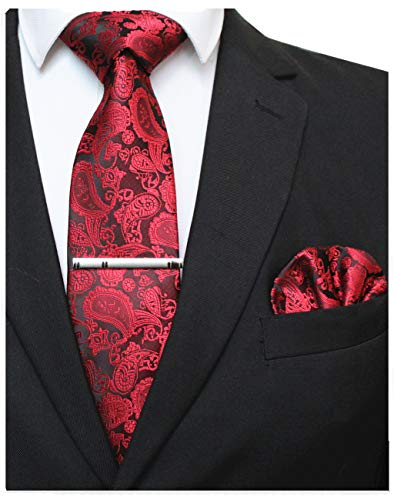 JEMYGINS Rot krawatte Paisley Seide Herren Krawatten und Einstecktuch mit krawattenklammer Sets (8)